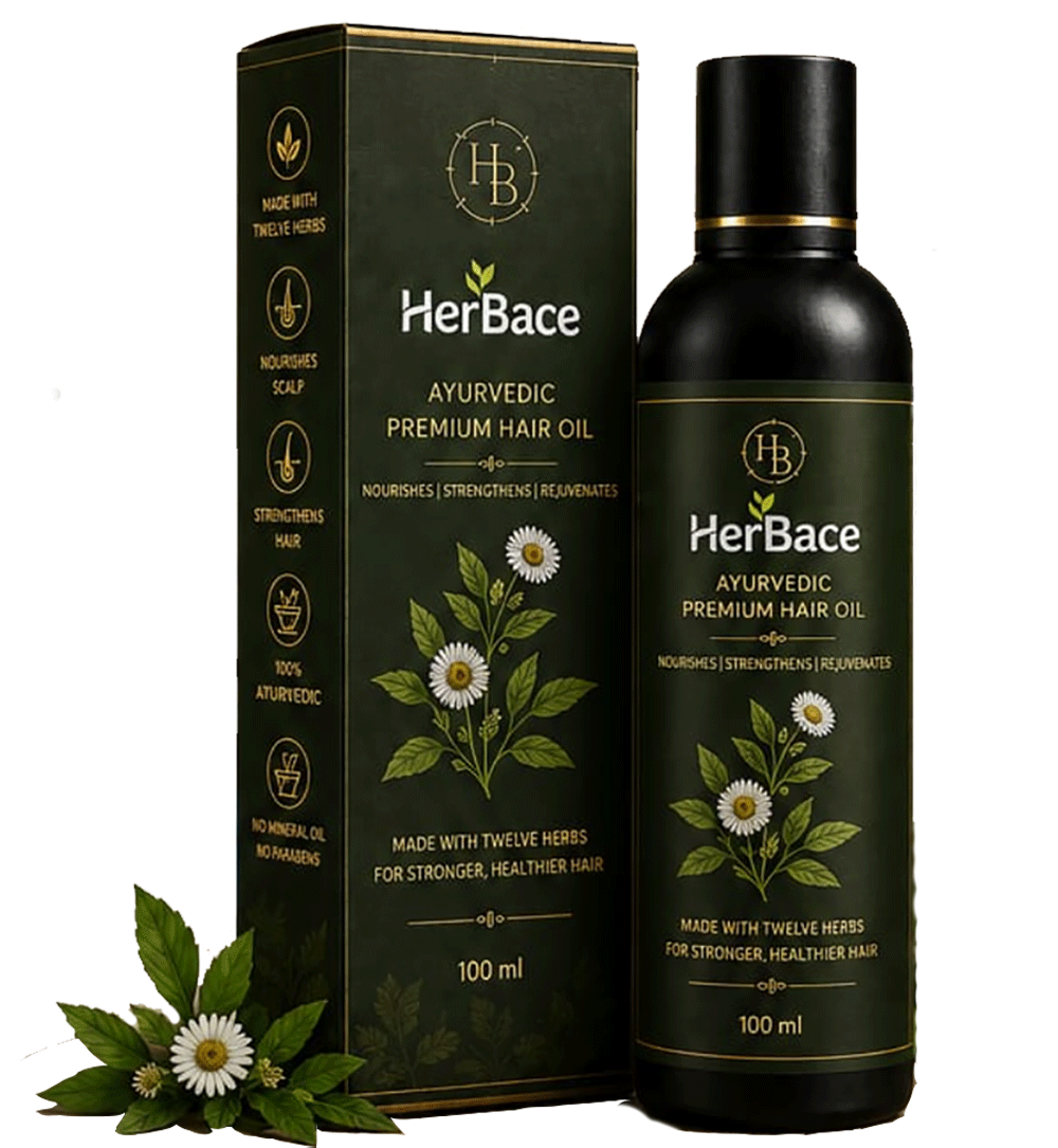 HerBace Ayurvedic Premium Hair Oil bottle with herbs